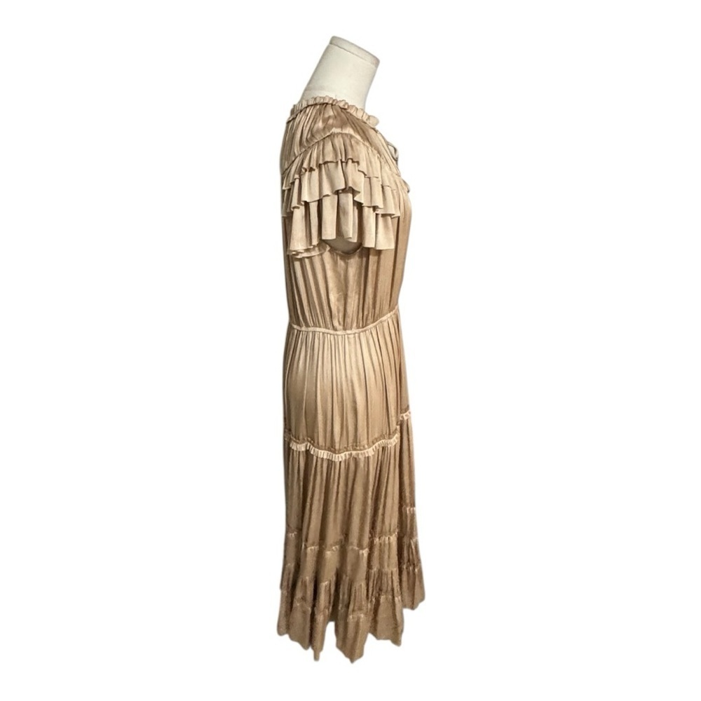 RESET by Jane Kianna Dress Gold Tan Ruffle Midi Dress M Wedding Party Silky Trip - Picture 3 of 7
